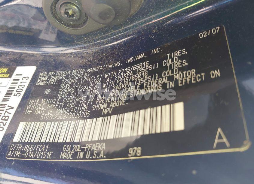 Photo 9 of 2007 Toyota Sienna LE (VIN 5TDZK23C97S030205)