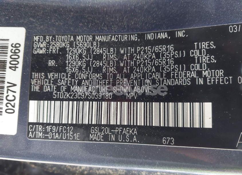 Photo 9 of 2007 Toyota Sienna CE/LE (VIN 5TDZK23C97S039180)