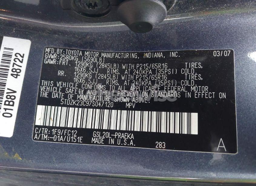 Photo 9 of 2007 Toyota Sienna CE/LE (VIN 5TDZK23C97S047120)