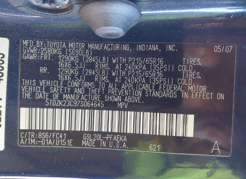 Photo 9 of 2007 Toyota Sienna LE (VIN 5TDZK23C97S064645)