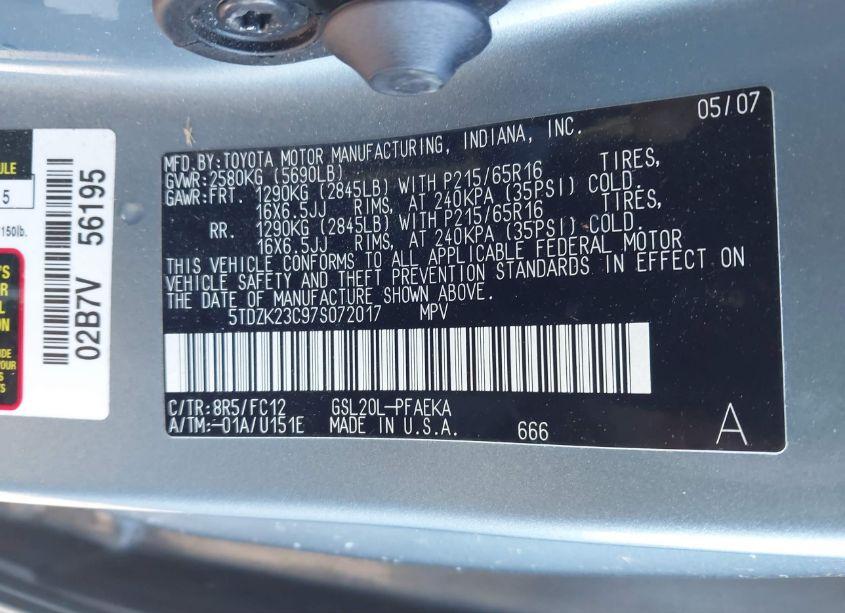 Photo 9 of 2007 Toyota Sienna LE (VIN 5TDZK23C97S072017)