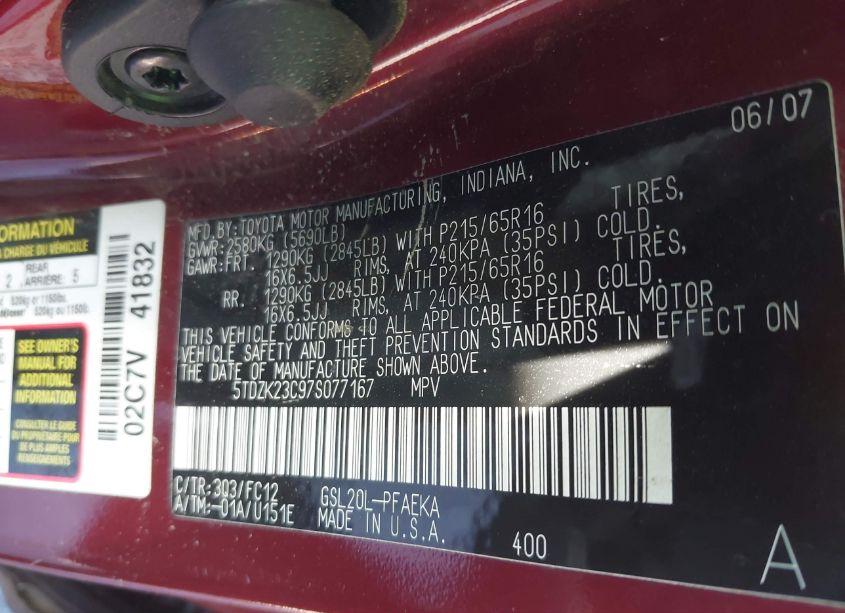 Photo 9 of 2007 Toyota Sienna LE (VIN 5TDZK23C97S077167)