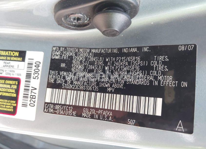 Photo 9 of 2008 Toyota Sienna LE (VIN 5TDZK23C98S106135)
