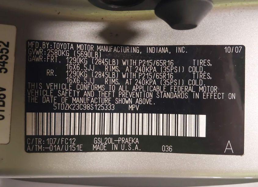 Photo 9 of 2008 Toyota Sienna LE (VIN 5TDZK23C98S125333)