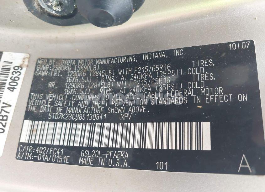 Photo 9 of 2008 Toyota Sienna LE (VIN 5TDZK23C98S130841)