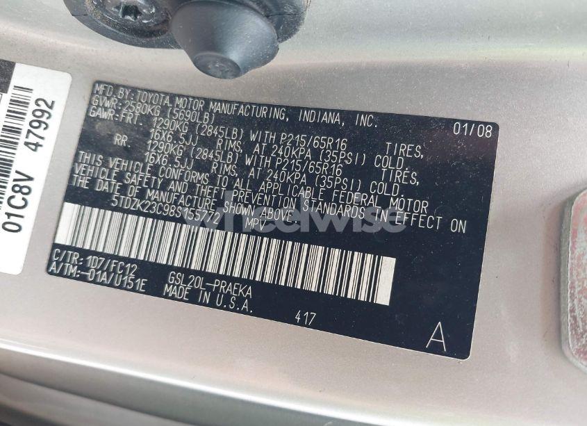 Photo 9 of 2008 Toyota Sienna LE (VIN 5TDZK23C98S155772)