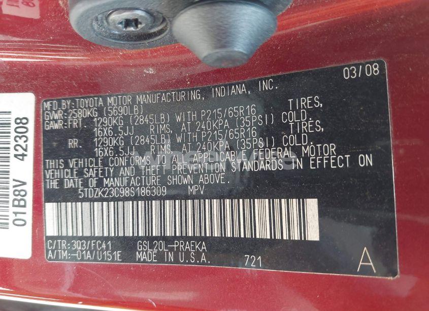 Photo 9 of 2008 Toyota Sienna LE (VIN 5TDZK23C98S186309)