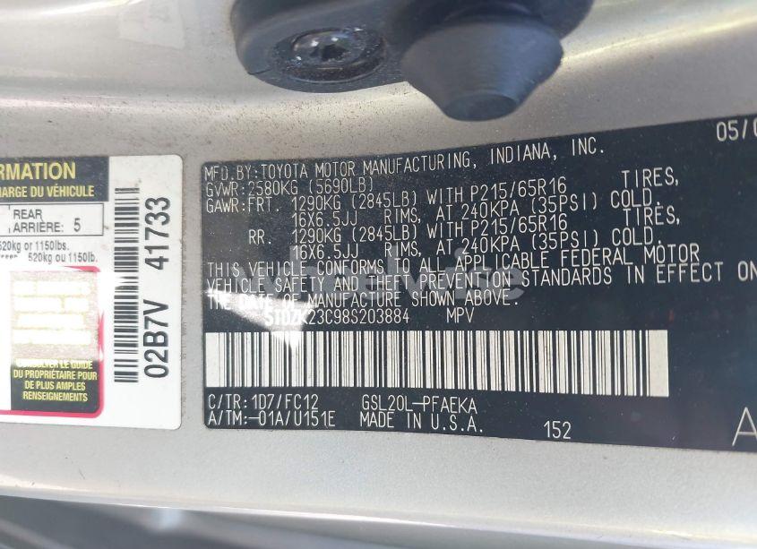 Photo 9 of 2008 Toyota Sienna LE (VIN 5TDZK23C98S203884)