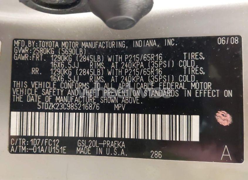 Photo 9 of 2008 Toyota Sienna LE (VIN 5TDZK23C98S216876)