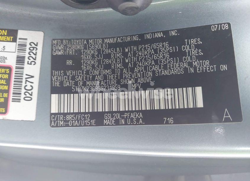 Photo 9 of 2009 Toyota Sienna LE (VIN 5TDZK23C99S231959)