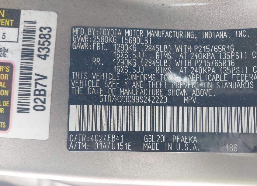 Photo 9 of 2009 Toyota Sienna CE (VIN 5TDZK23C99S242220)