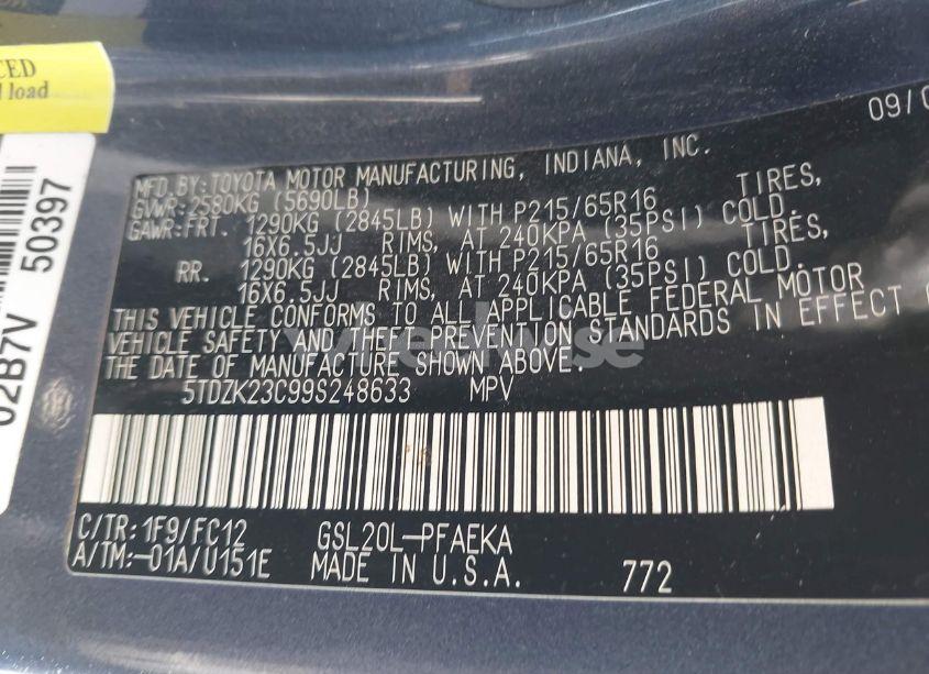 Photo 9 of 2009 Toyota Sienna LE (VIN 5TDZK23C99S248633)