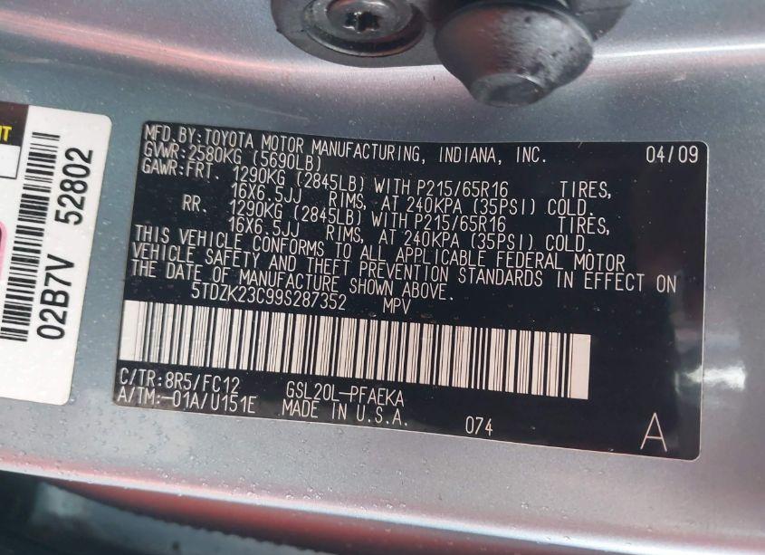 Photo 9 of 2009 Toyota Sienna LE (VIN 5TDZK23C99S287352)