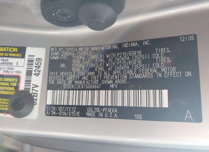 Photo 9 of 2007 Toyota Sienna LE (VIN 5TDZK23CX7S004647)