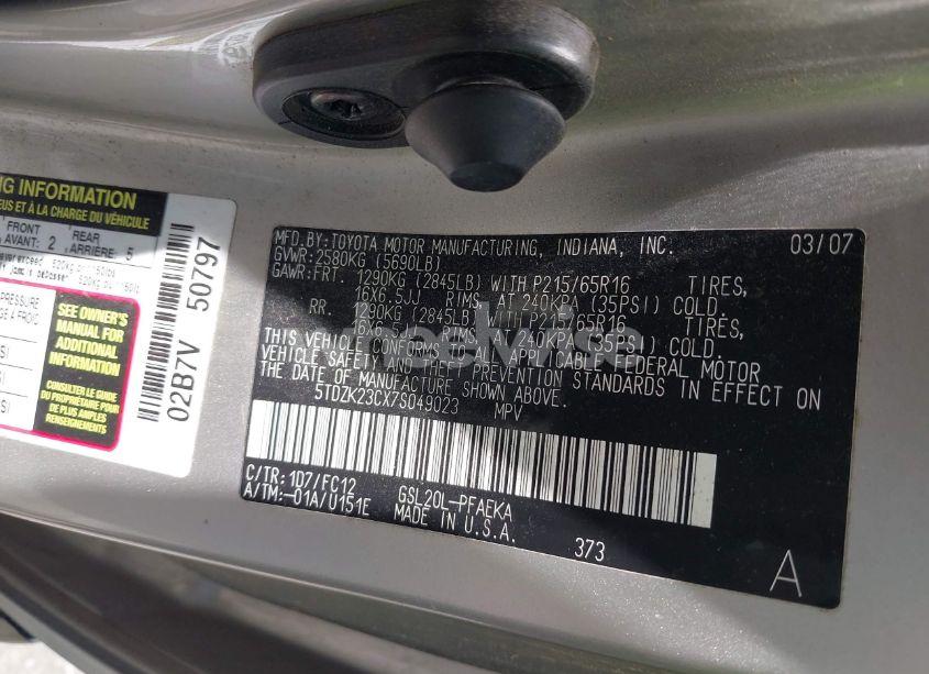 Photo 9 of 2007 Toyota Sienna CE/LE (VIN 5TDZK23CX7S049023)