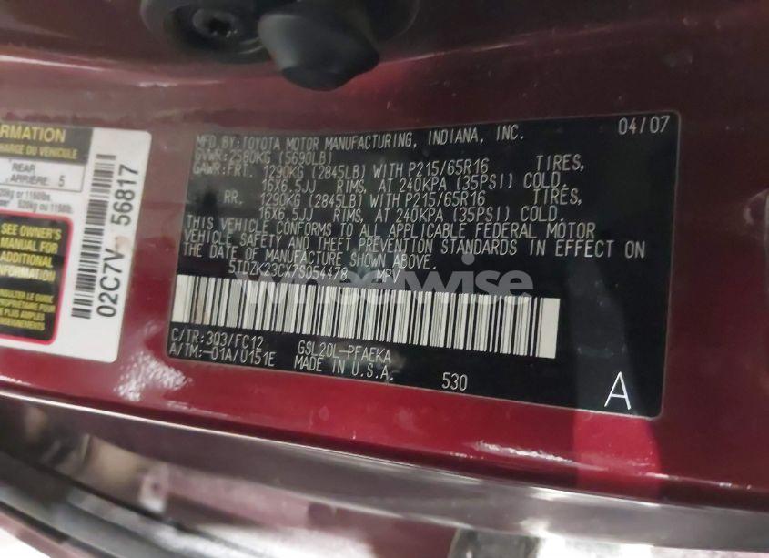 Photo 9 of 2007 Toyota Sienna LE (VIN 5TDZK23CX7S054478)