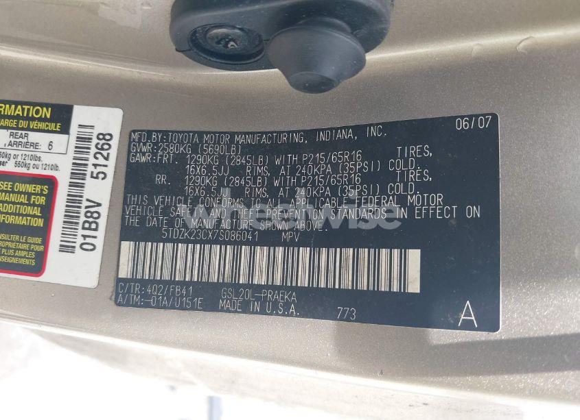 Photo 9 of 2007 Toyota Sienna CE (VIN 5TDZK23CX7S086041)