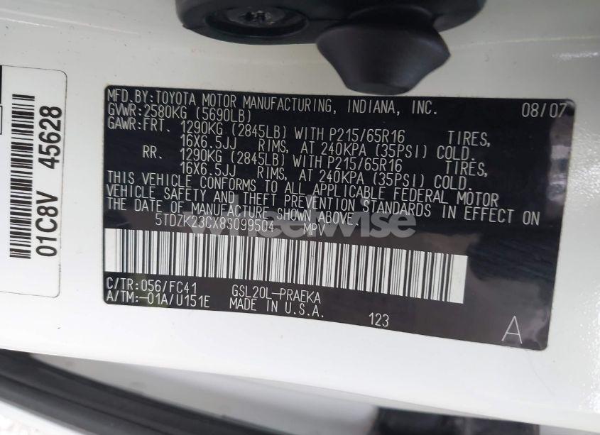 Photo 9 of 2008 Toyota Sienna LE (VIN 5TDZK23CX8S099504)