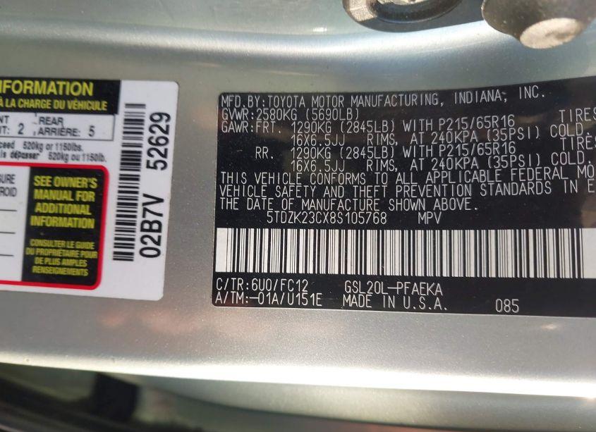 Photo 9 of 2008 Toyota Sienna LE (VIN 5TDZK23CX8S105768)