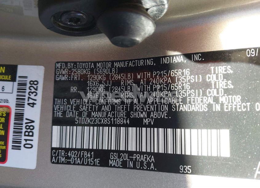 Photo 9 of 2008 Toyota Sienna CE (VIN 5TDZK23CX8S118844)