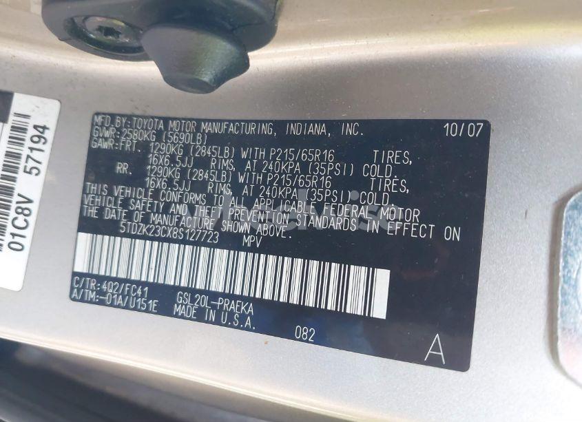 Photo 9 of 2008 Toyota Sienna LE (VIN 5TDZK23CX8S127723)