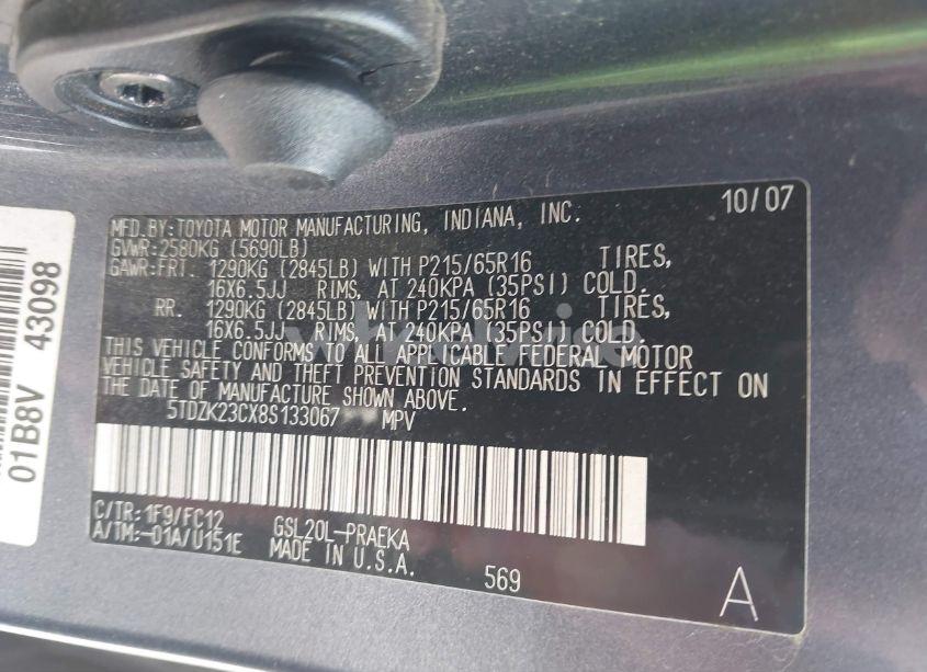 Photo 9 of 2008 Toyota Sienna LE (VIN 5TDZK23CX8S133067)