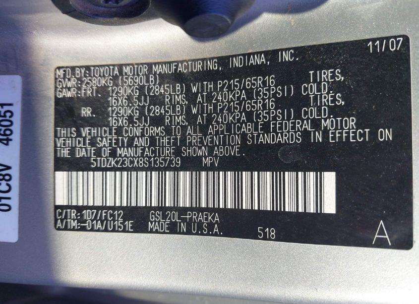 Photo 9 of 2008 Toyota Sienna LE (VIN 5TDZK23CX8S135739)