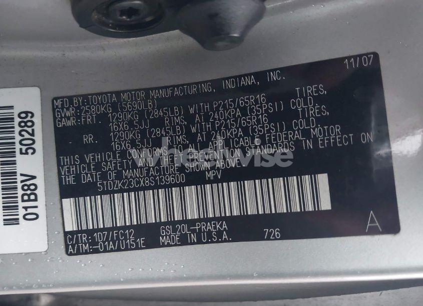 Photo 9 of 2008 Toyota Sienna LE (VIN 5TDZK23CX8S139600)