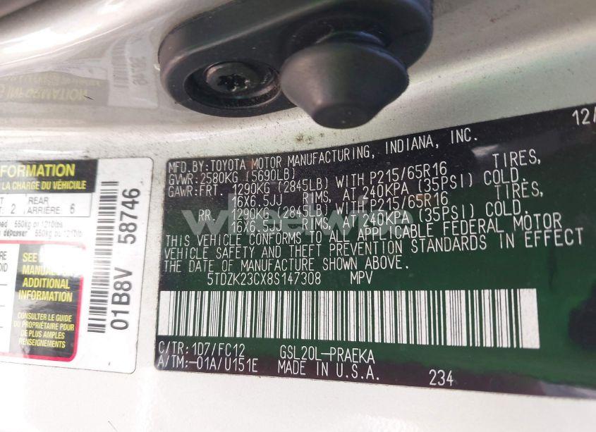 Photo 9 of 2008 Toyota Sienna LE (VIN 5TDZK23CX8S147308)