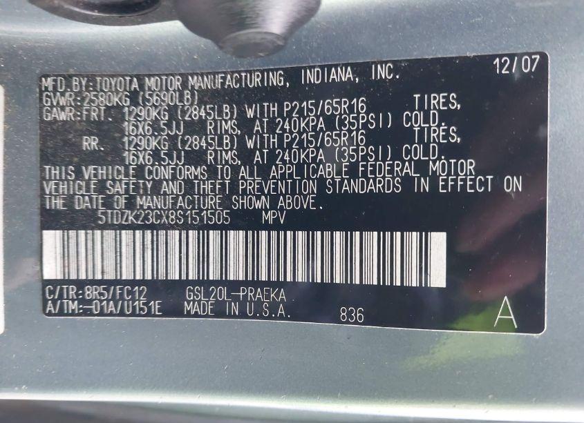 Photo 9 of 2008 Toyota Sienna LE (VIN 5TDZK23CX8S151505)