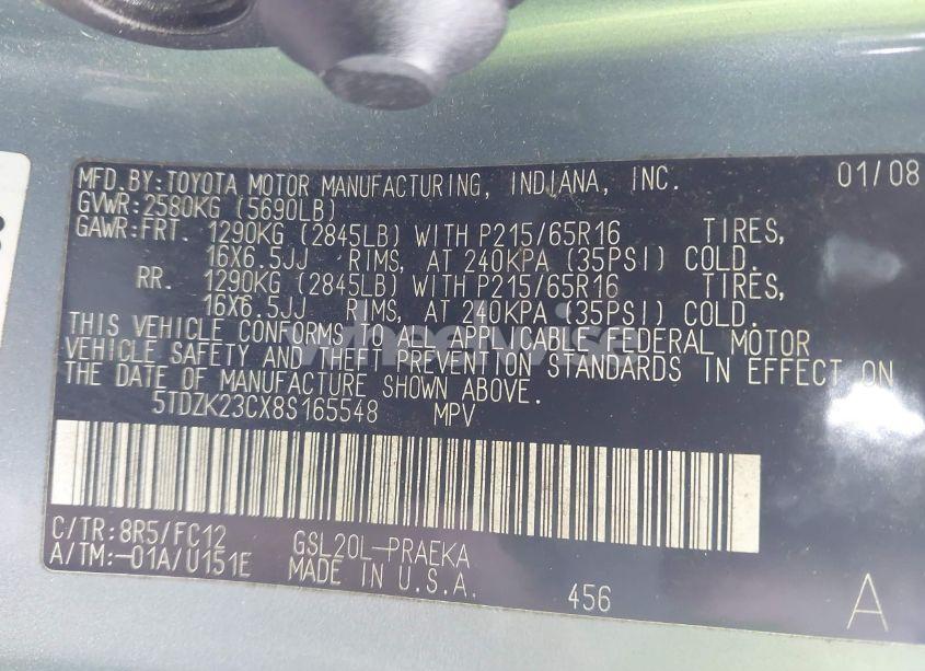 Photo 9 of 2008 Toyota Sienna LE (VIN 5TDZK23CX8S165548)