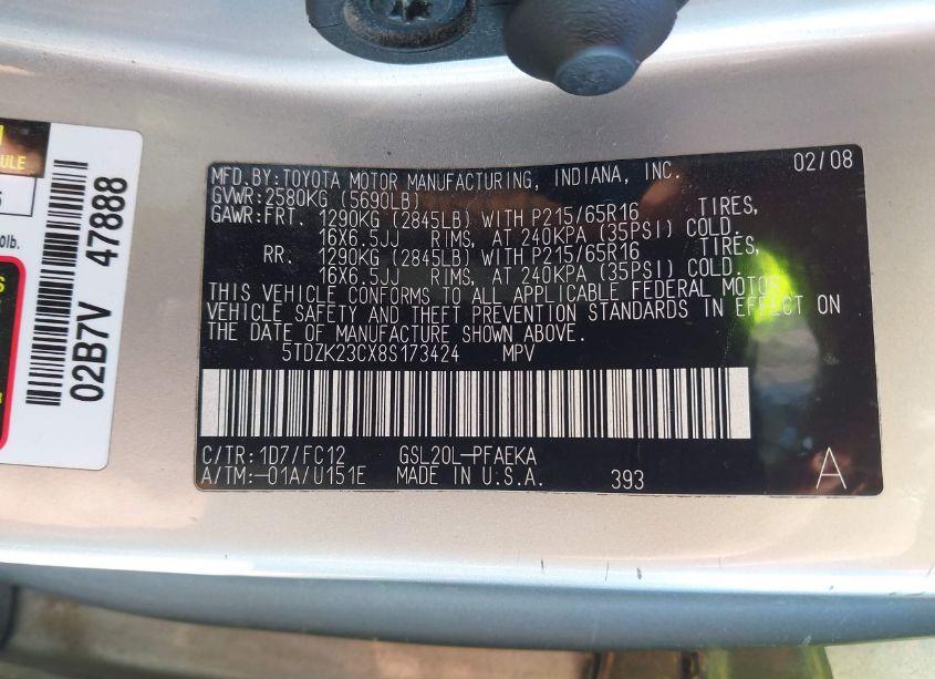 Photo 9 of 2008 Toyota Sienna LE (VIN 5TDZK23CX8S173424)