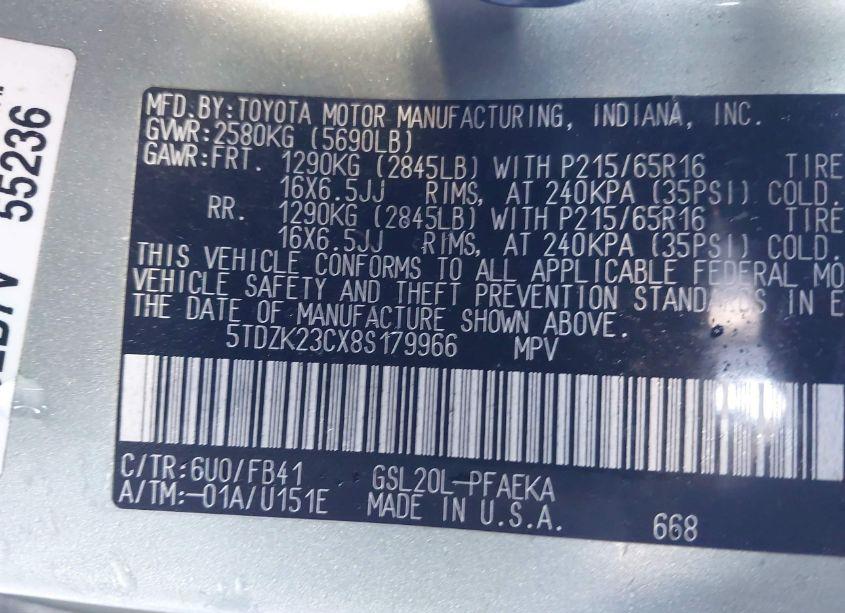 Photo 9 of 2008 Toyota Sienna CE (VIN 5TDZK23CX8S179966)