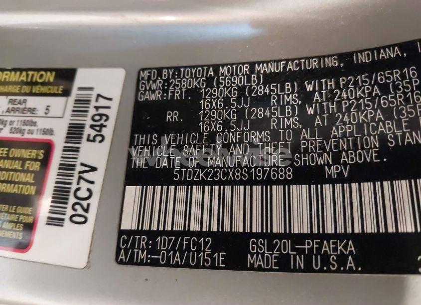 Photo 9 of 2008 Toyota Sienna LE (VIN 5TDZK23CX8S197688)