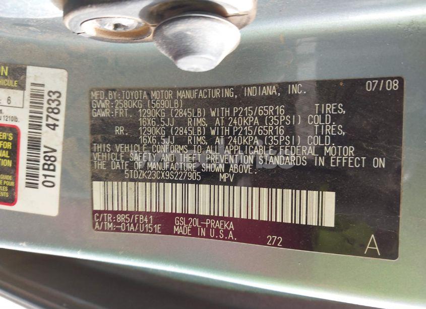 Photo 9 of 2009 Toyota Sienna CE (VIN 5TDZK23CX9S227905)