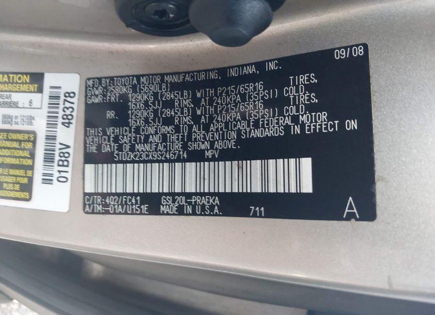 Photo 9 of 2009 Toyota Sienna LE (VIN 5TDZK23CX9S246714)