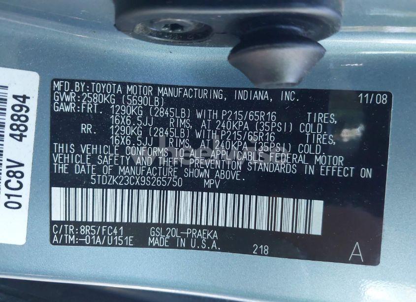 Photo 9 of 2009 Toyota Sienna LE (VIN 5TDZK23CX9S265750)