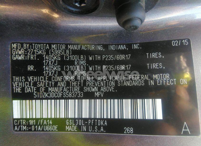 Photo 9 of 2015 Toyota Sienna L 7 PASSENGER (VIN 5TDZK3DC0FS583733)