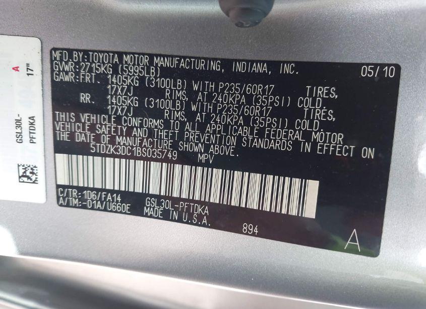 Photo 9 of 2011 Toyota Sienna BASE V6 (VIN 5TDZK3DC1BS035749)