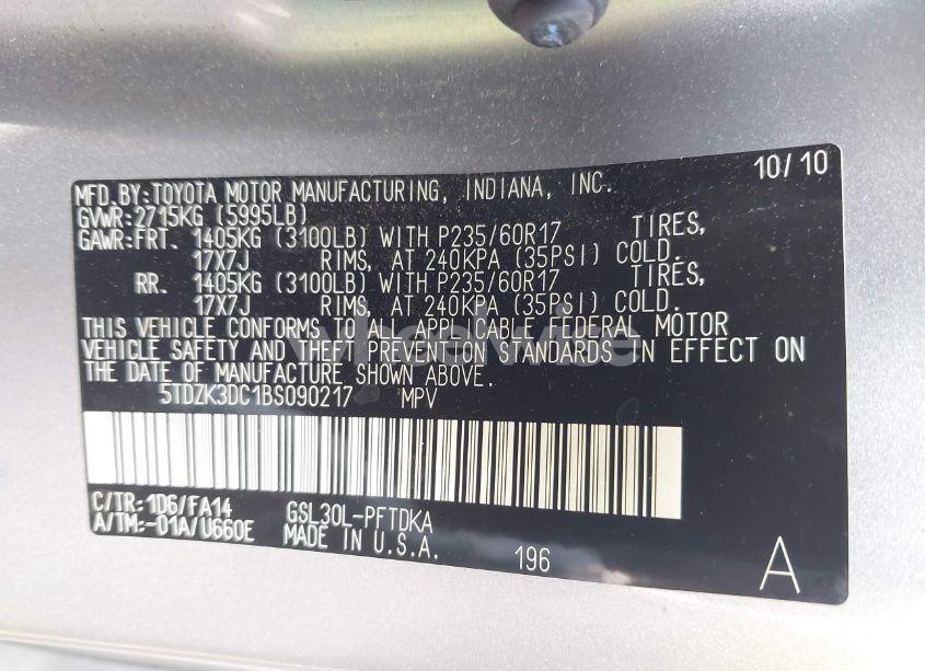 Photo 9 of 2011 Toyota Sienna BASE V6 (VIN 5TDZK3DC1BS090217)