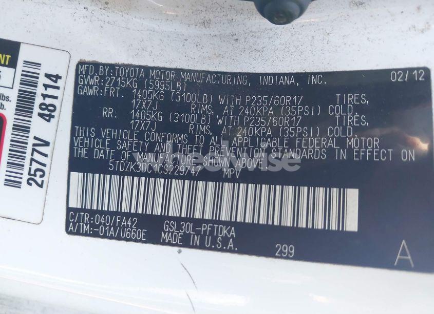 Photo 9 of 2012 Toyota Sienna BASE V6 7 PASSENGER (VIN 5TDZK3DC1CS229747)
