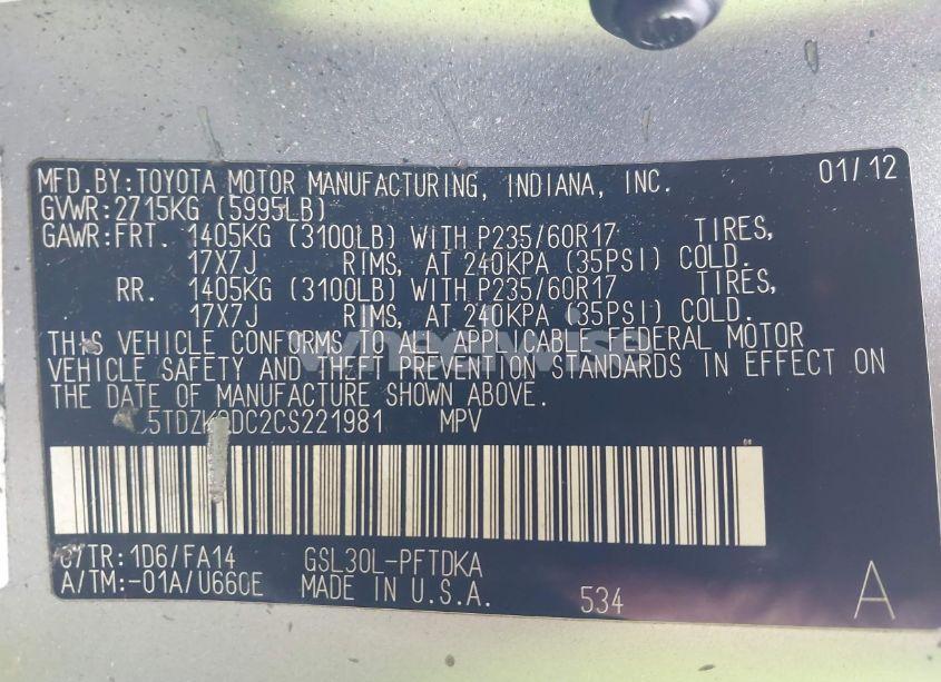 Photo 9 of 2012 Toyota Sienna BASE V6 7 PASSENGER (VIN 5TDZK3DC2CS221981)