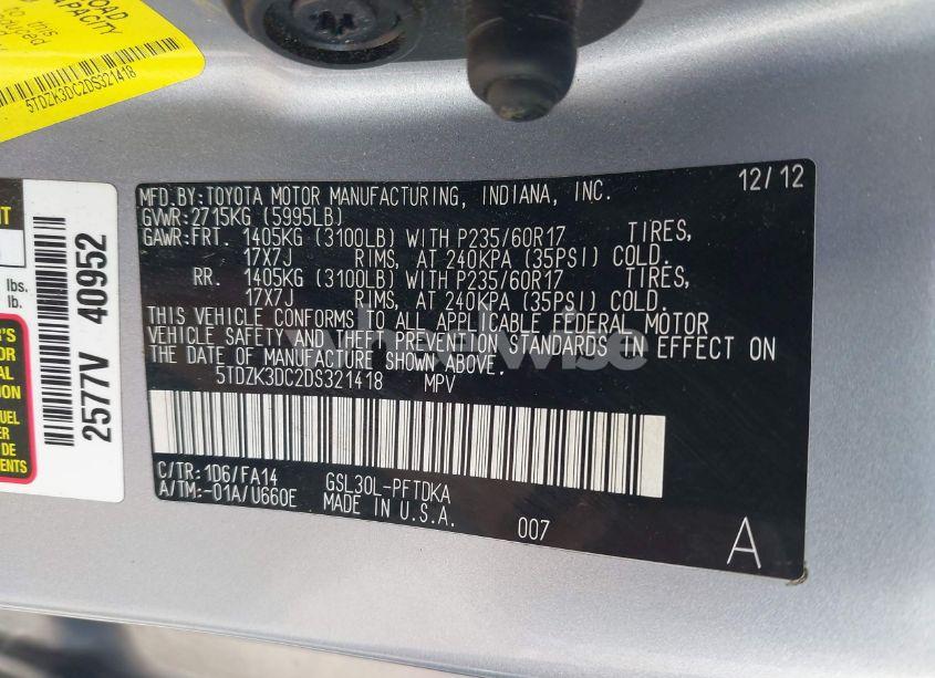 Photo 9 of 2013 Toyota Sienna L V6 7 PASSENGER (VIN 5TDZK3DC2DS321418)