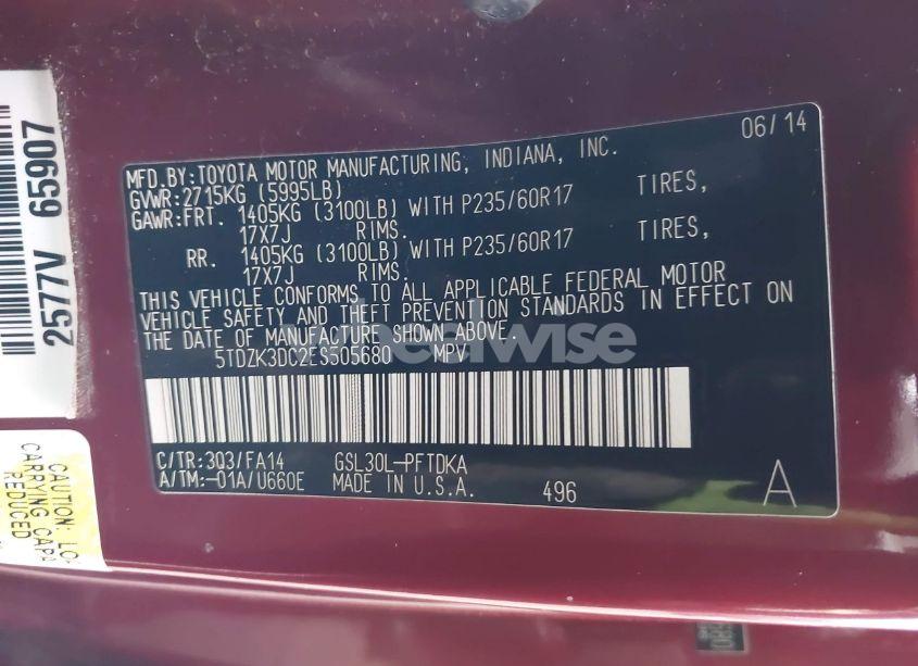 Photo 9 of 2014 Toyota Sienna L V6 7 PASSENGER (VIN 5TDZK3DC2ES505680)