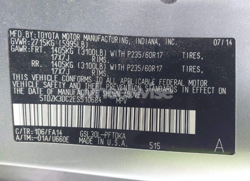 Photo 9 of 2014 Toyota Sienna L V6 7 PASSENGER (VIN 5TDZK3DC2ES510684)