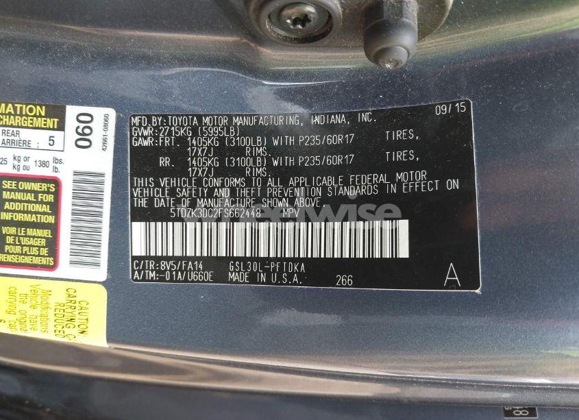 Photo 9 of 2015 Toyota Sienna L 7 PASSENGER (VIN 5TDZK3DC2FS662448)