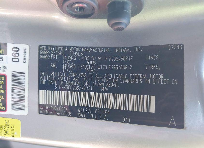 Photo 9 of 2016 Toyota Sienna L 7 PASSENGER (VIN 5TDZK3DC2GS724321)