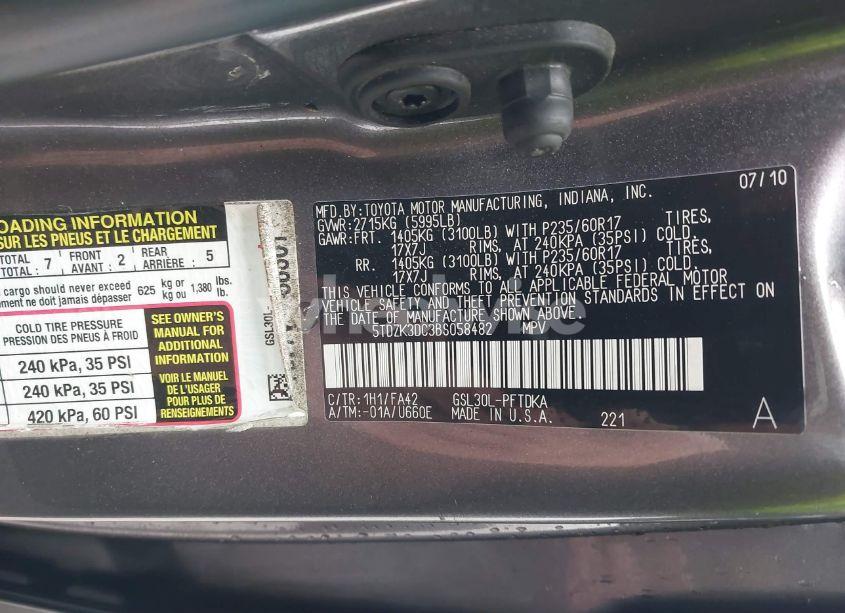 Photo 9 of 2011 Toyota Sienna BASE V6 (VIN 5TDZK3DC3BS058482)