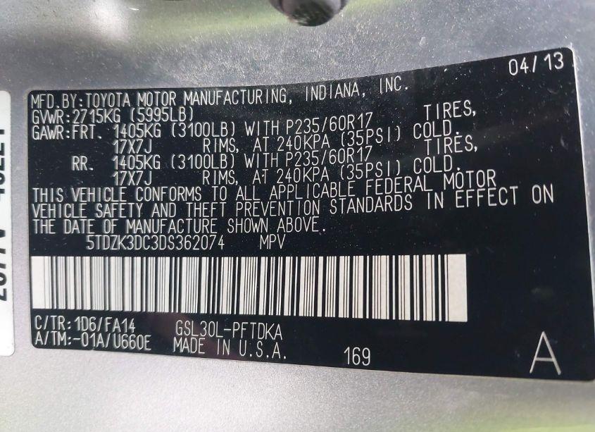 Photo 9 of 2013 Toyota Sienna L V6 7 PASSENGER (VIN 5TDZK3DC3DS362074)