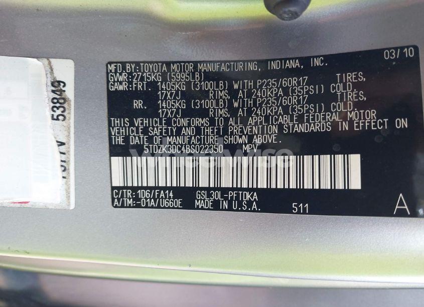 Photo 9 of 2011 Toyota Sienna BASE V6 (VIN 5TDZK3DC4BS022350)